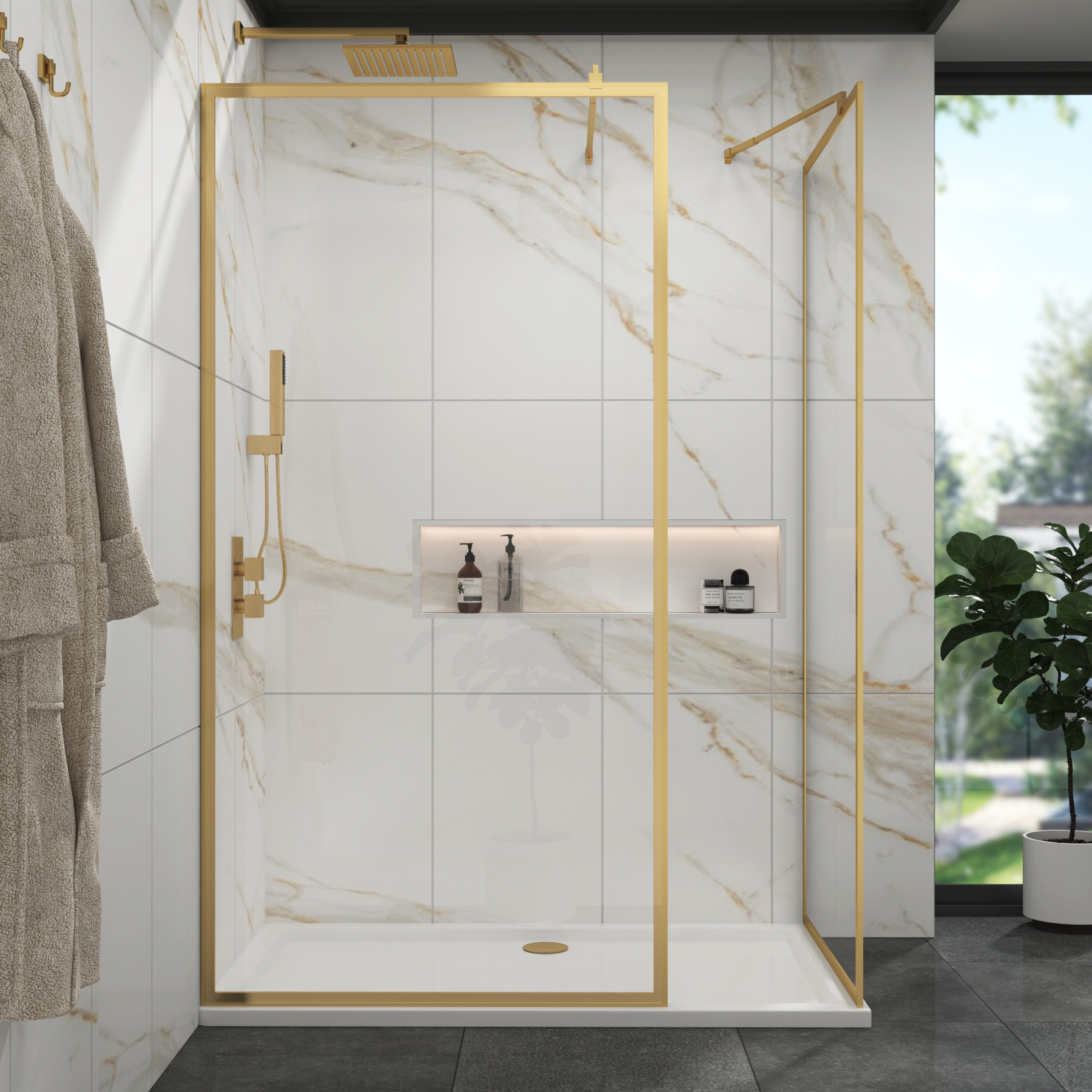 Luxor Walk In Shower Enclosure with 1400 x 900mm Tray & Brushed Brass Frame 8mm Easy Clean Glass