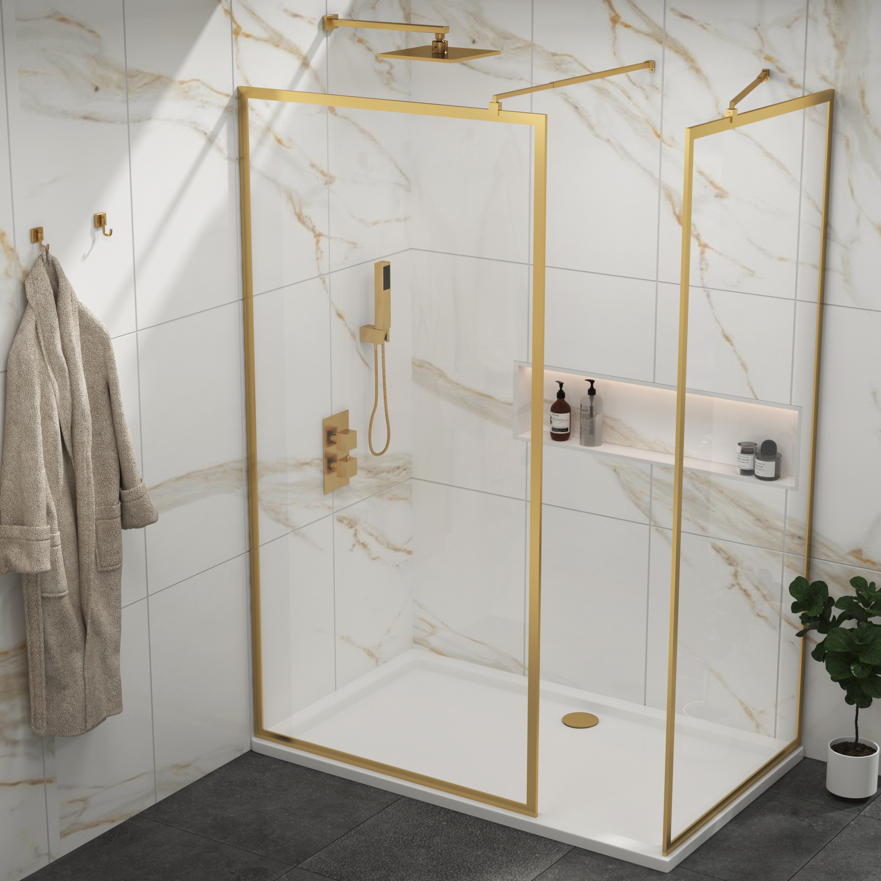 Luxor Walk In Shower Enclosure with 1400 x 900mm Tray & Brushed Brass Frame 8mm Easy Clean Glass