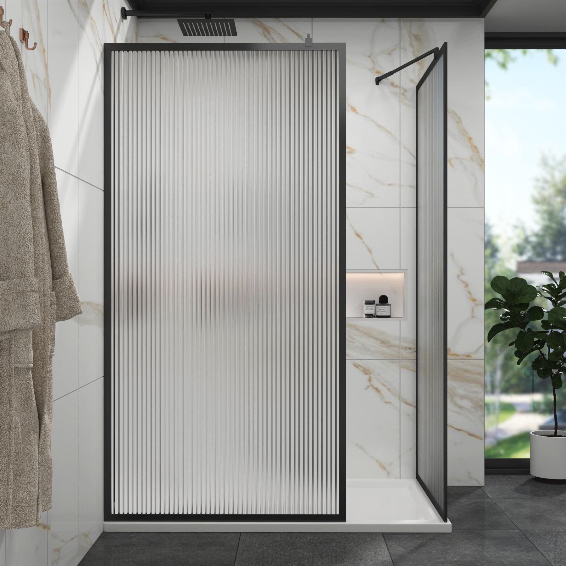 Luxor Walk In Fluted Shower Enclosure with 1700 x 900mm Tray & Matt Black Frame 8mm Easy Clean Glass