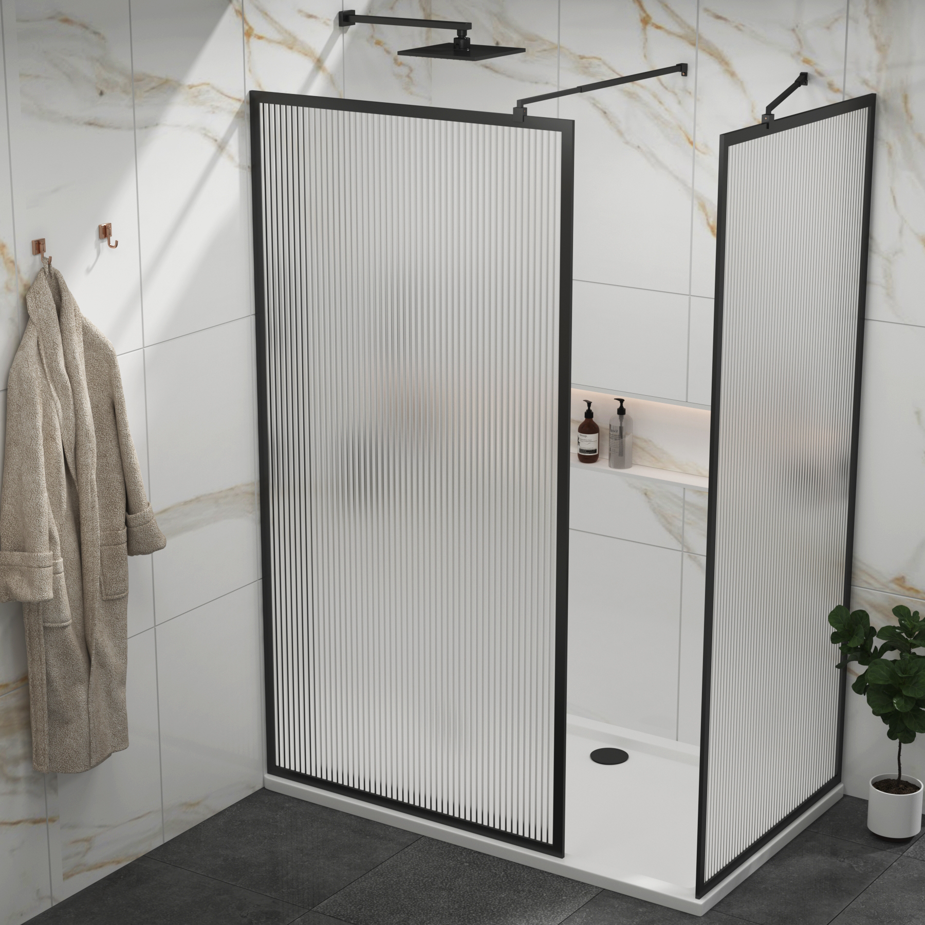 Luxor Walk In Fluted Shower Enclosure with 1700 x 900mm Tray & Matt Black Frame 8mm Easy Clean Glass
