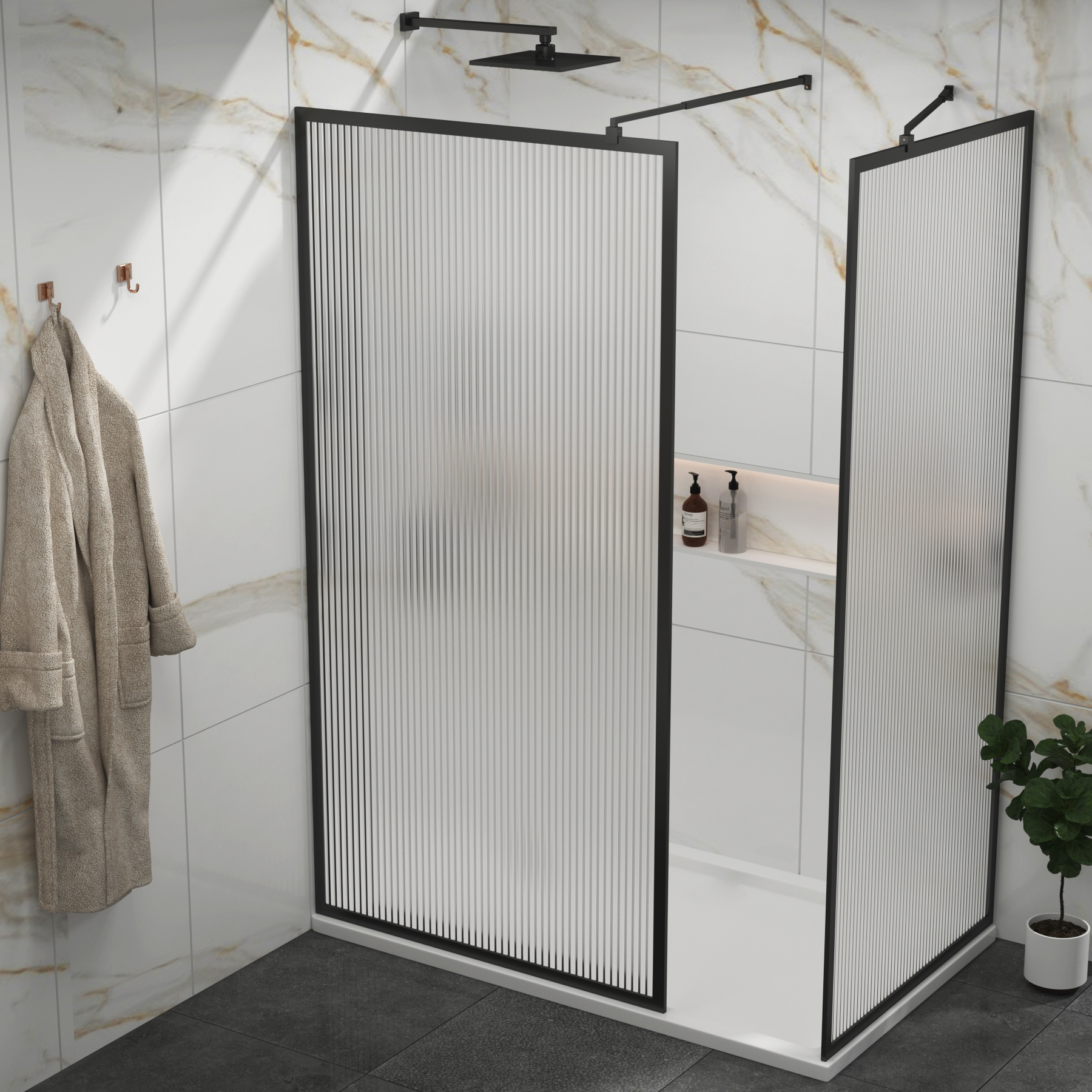 Luxor Walk In Fluted Shower Enclosure with 1200 x 900mm Tray & Matt Black Frame 8mm Easy Clean Glass