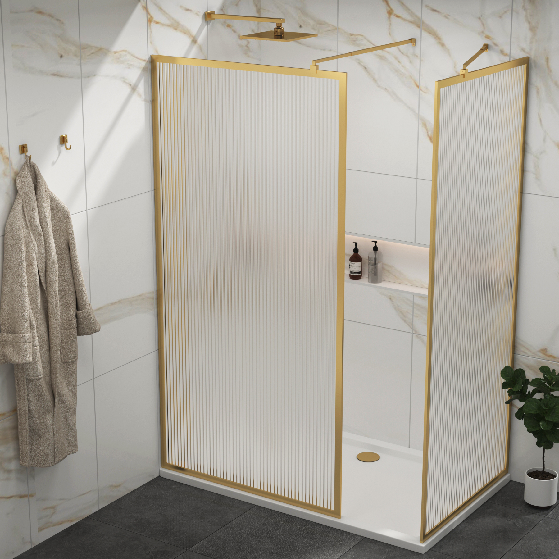 Luxor Walk In Fluted Shower Enclosure with 1400 x 900mm Tray & Brushed Brass Frame 8mm Easy Clean Glass