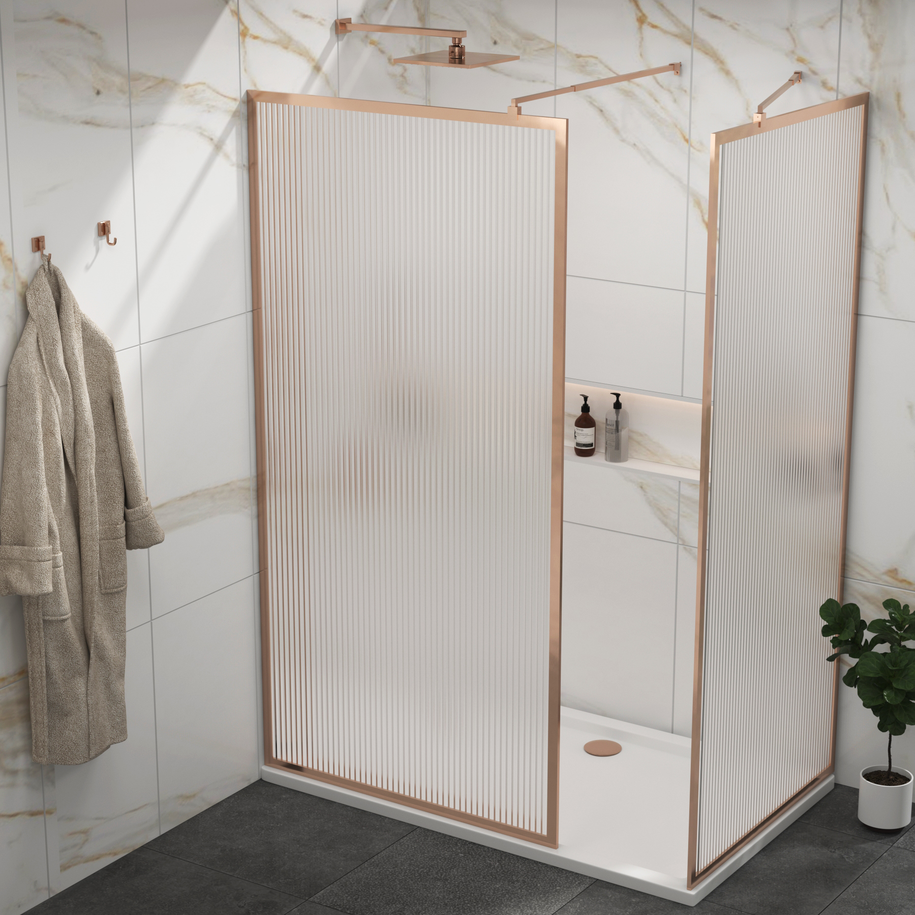 Luxor Walk In Fluted Shower Enclosure with 1700 x 900mm Tray & Brushed Bronze Frame 8mm Easy Clean Glass