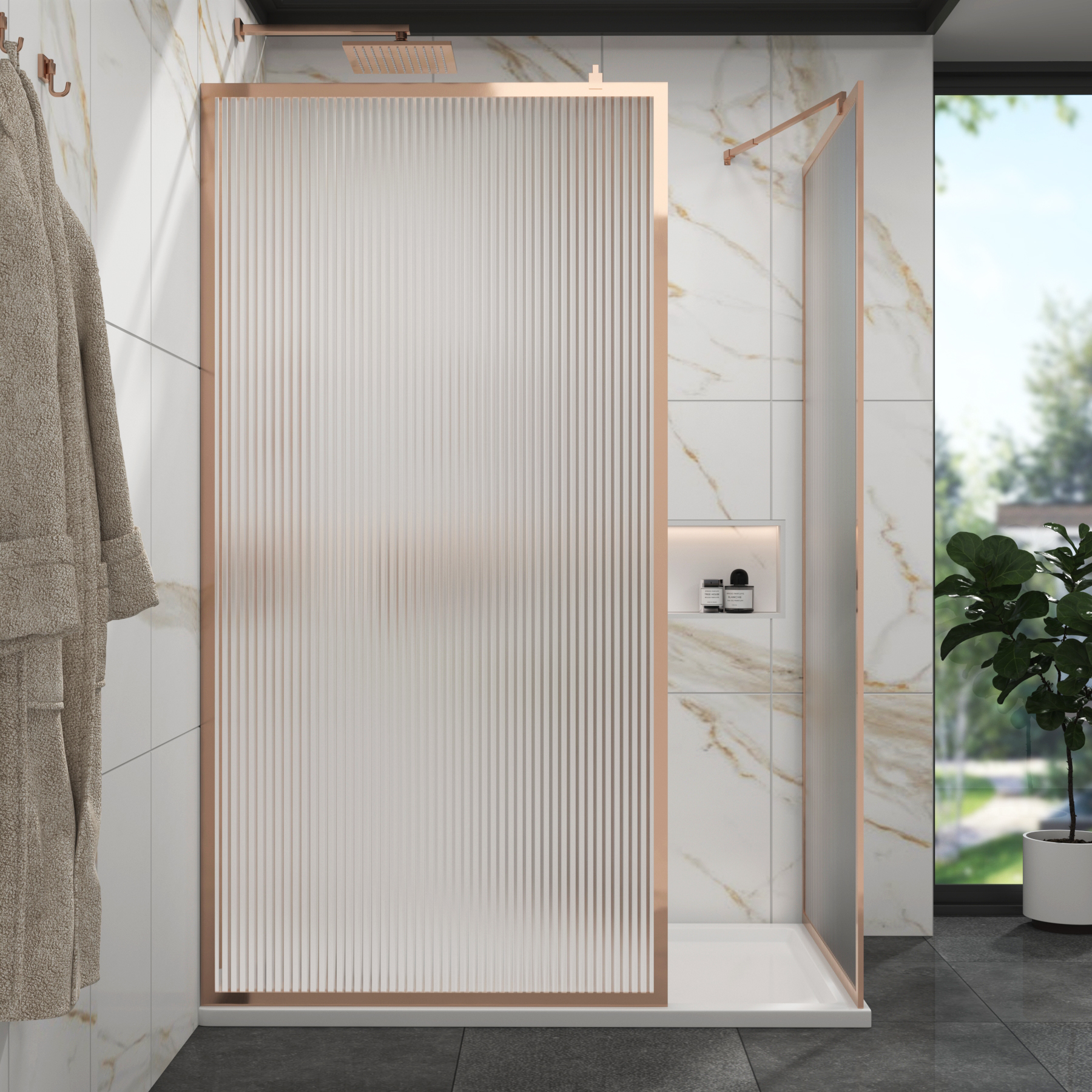 Luxor Walk In Fluted Shower Enclosure with Stone Tray & Brushed Bronze Frame 8mm Easy Clean Glass