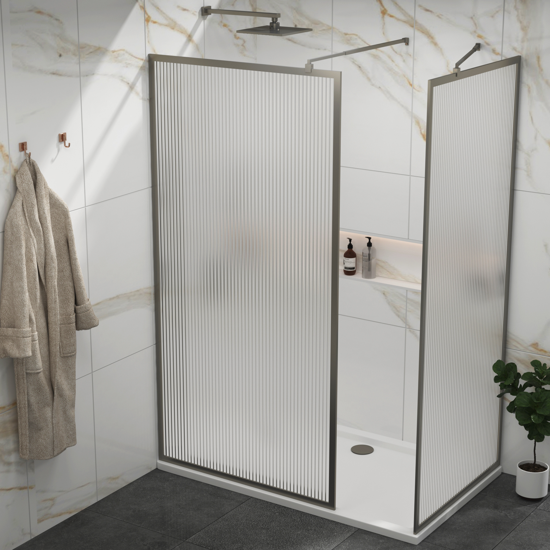 Luxor Walk In Fluted Shower Enclosure with 1700 x 900mm Tray & Gun Metal Grey Frame 8mm Easy Clean Glass