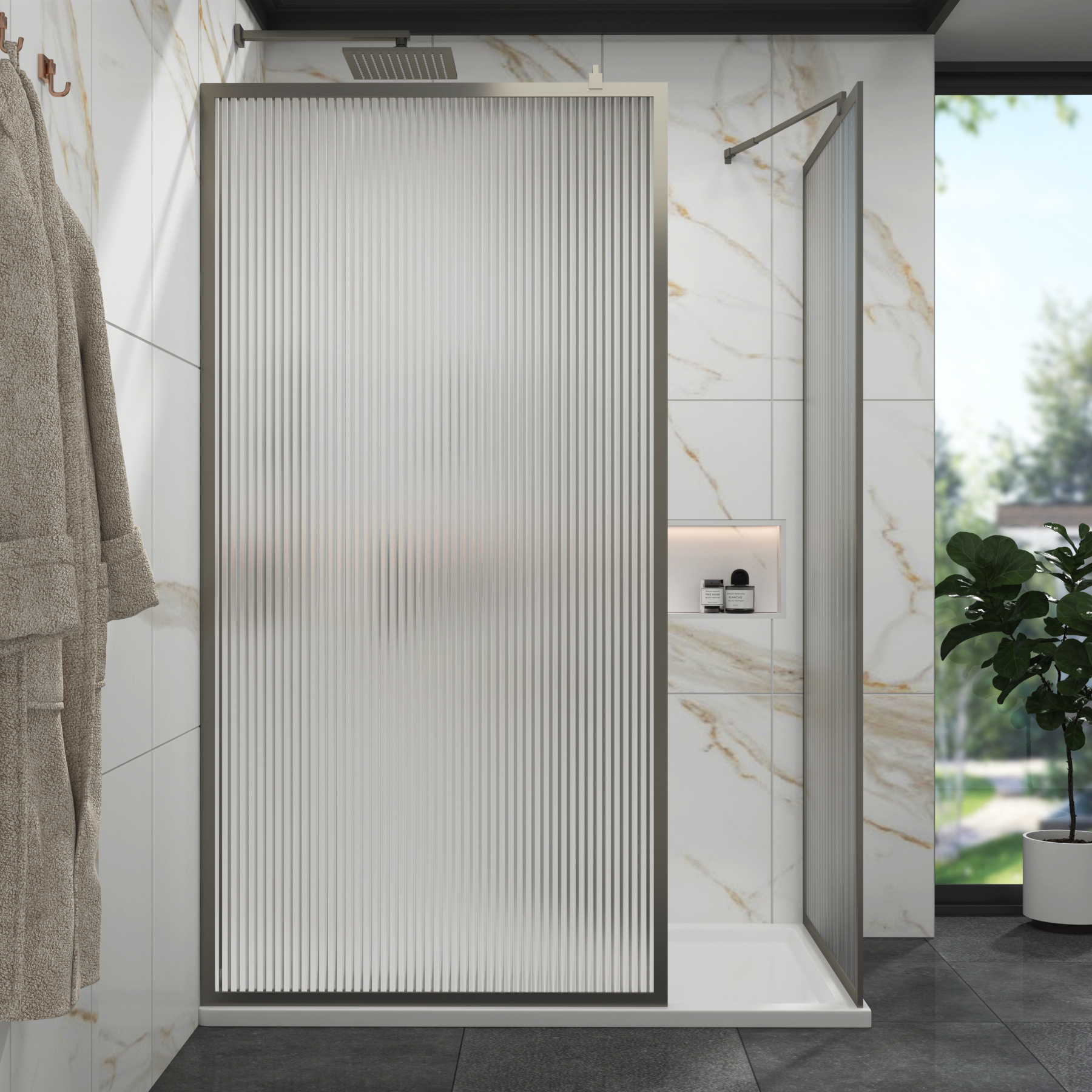 Luxor Walk In Fluted Shower Enclosure with 1200 x 900mm Tray & Gun Metal Grey Frame 8mm Easy Clean Glass