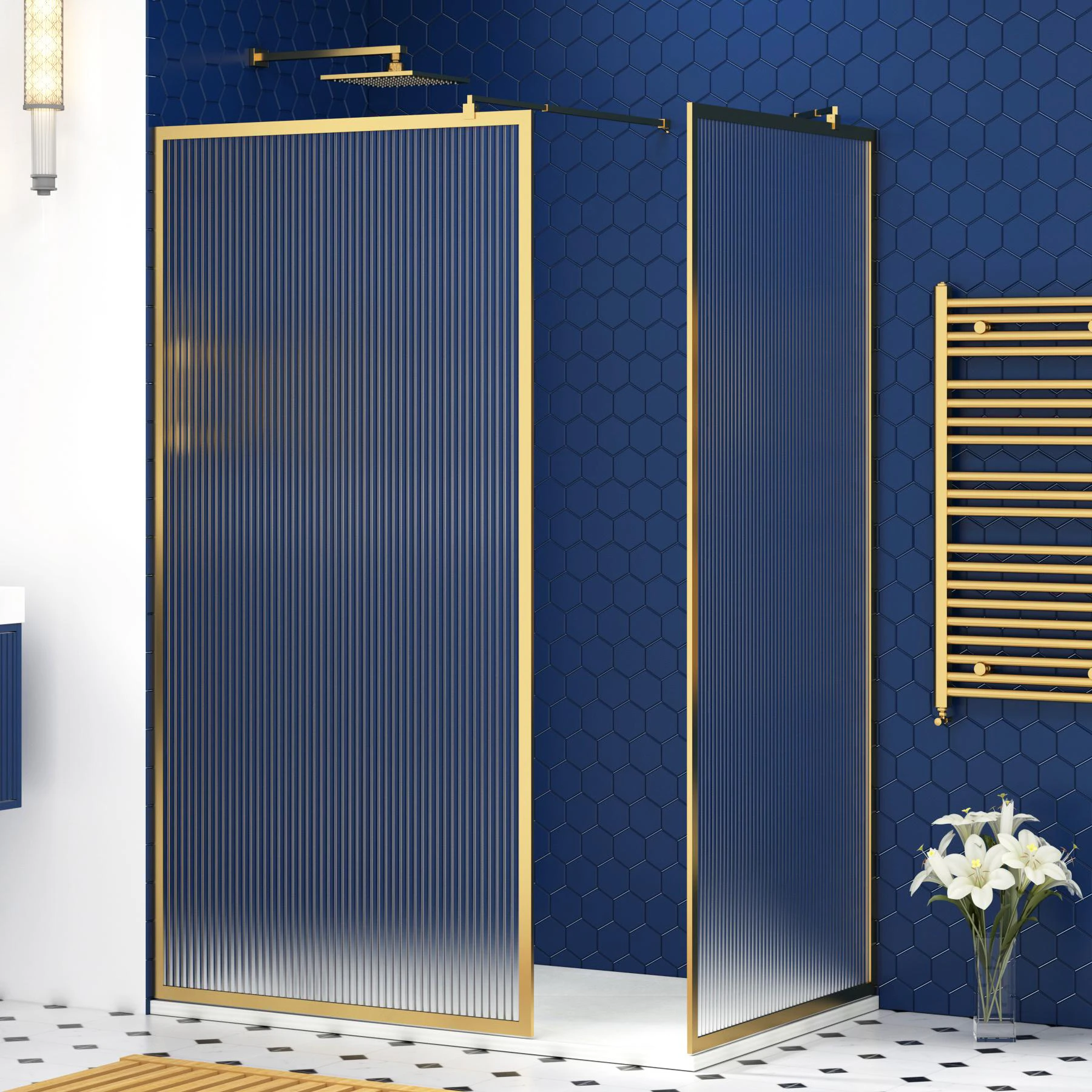 Luxor 8mm Walk In Fluted Shower Enclosure with Tray & Brushed Brass Frame - Easy Clean Wet Room