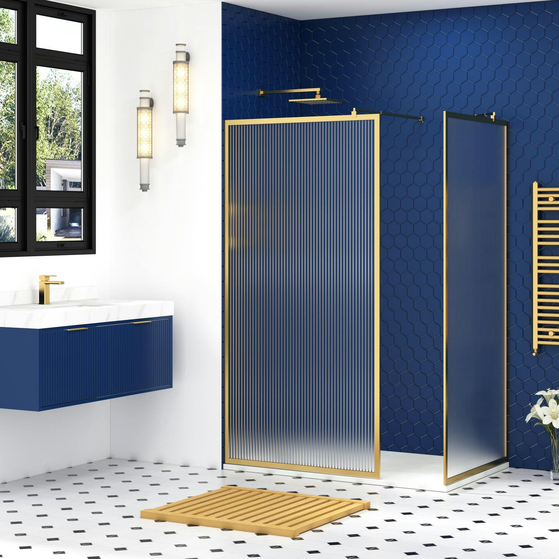 Luxor 8mm Walk In Fluted Shower Enclosure with Tray & Brushed Brass Frame - Easy Clean Wet Room