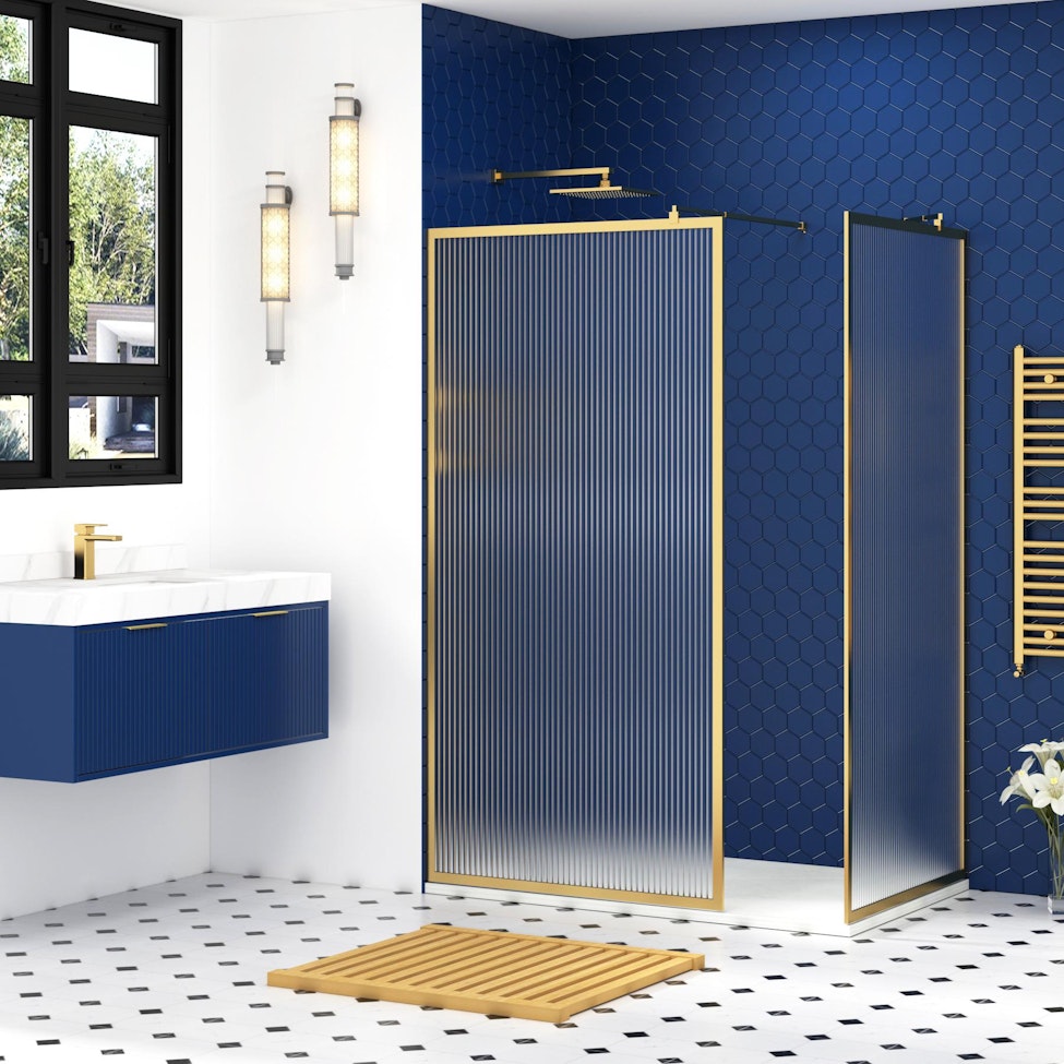 Luxor 8mm Walk In Fluted Shower Enclosure with Tray & Brushed Brass Frame - Easy Clean Wet Room