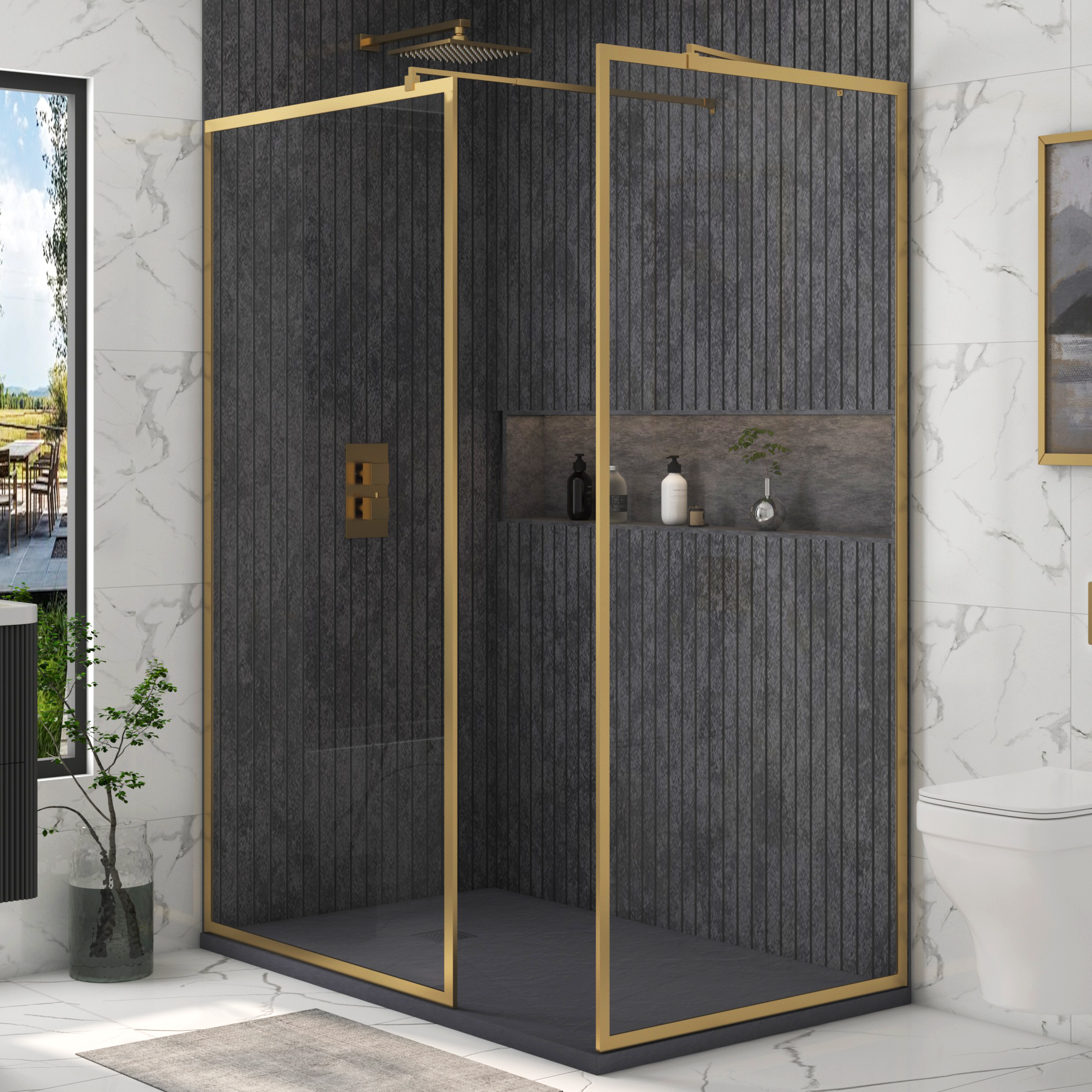 Luxor Walk In Shower Enclosure with 1700 x 800mm Grey Stone Tray & Brushed Brass Frame 8mm Easy Clean Glass