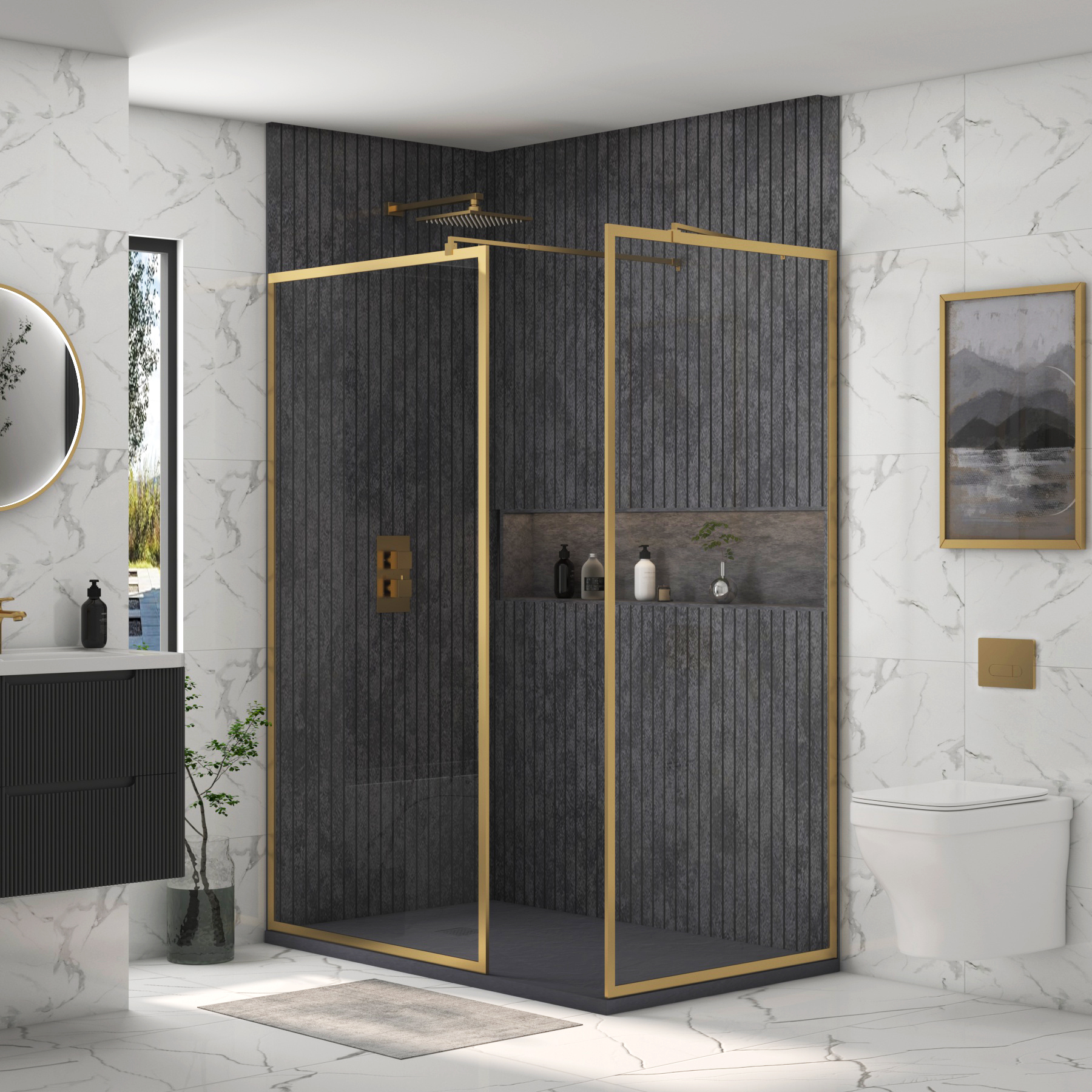 Luxor Walk In Shower Enclosure with Grey Stone Tray & Brushed Brass Frame 8mm Easy Clean Glass