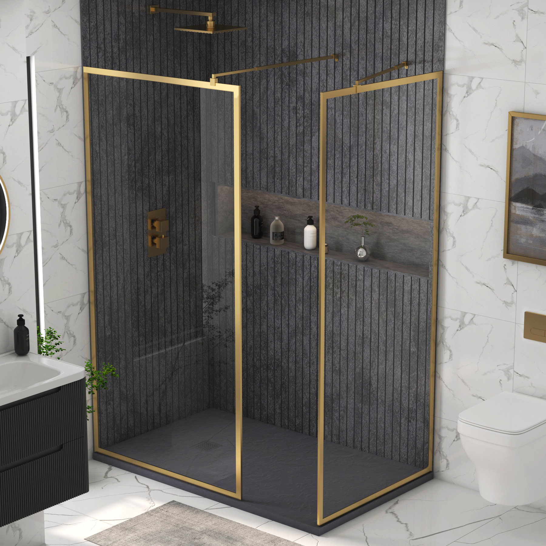 Luxor Walk In Shower Enclosure with Grey Stone Tray & Brushed Brass Frame 8mm Easy Clean Glass