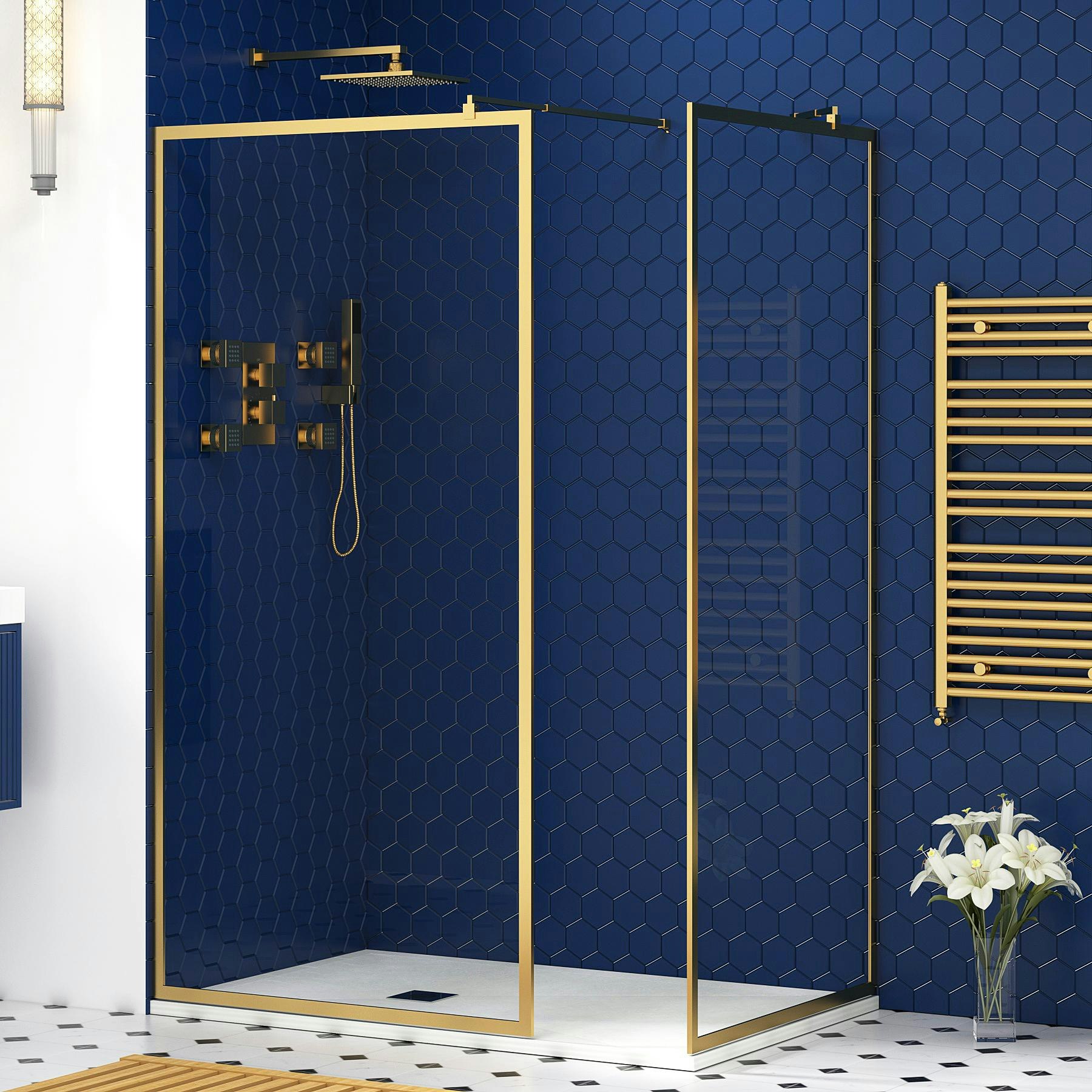 Luxor 8mm Walk In Shower Enclosure with Tray & Brass Frame Easy Clean