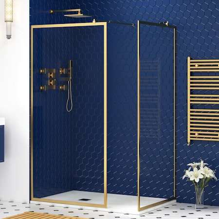 Luxor 8mm Walk In Shower Enclosure with Tray & Brushed Brass Frame - Easy Clean Wet Room