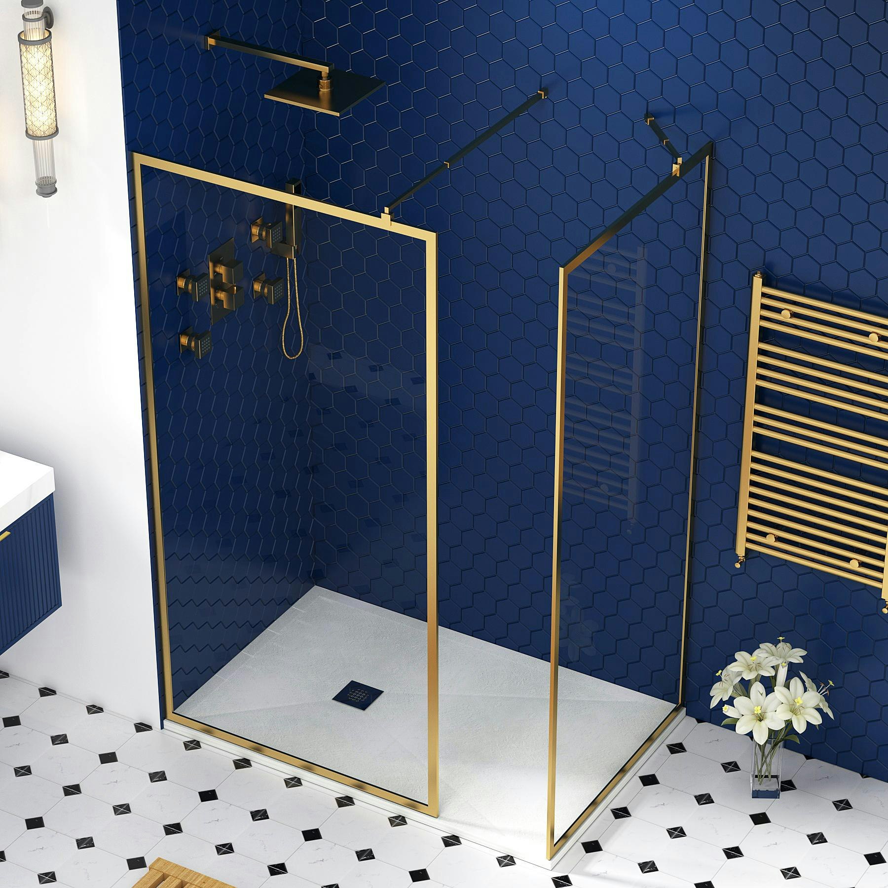 Luxor 8mm Walk In Shower Enclosure with Tray & Brass Frame Easy Clean