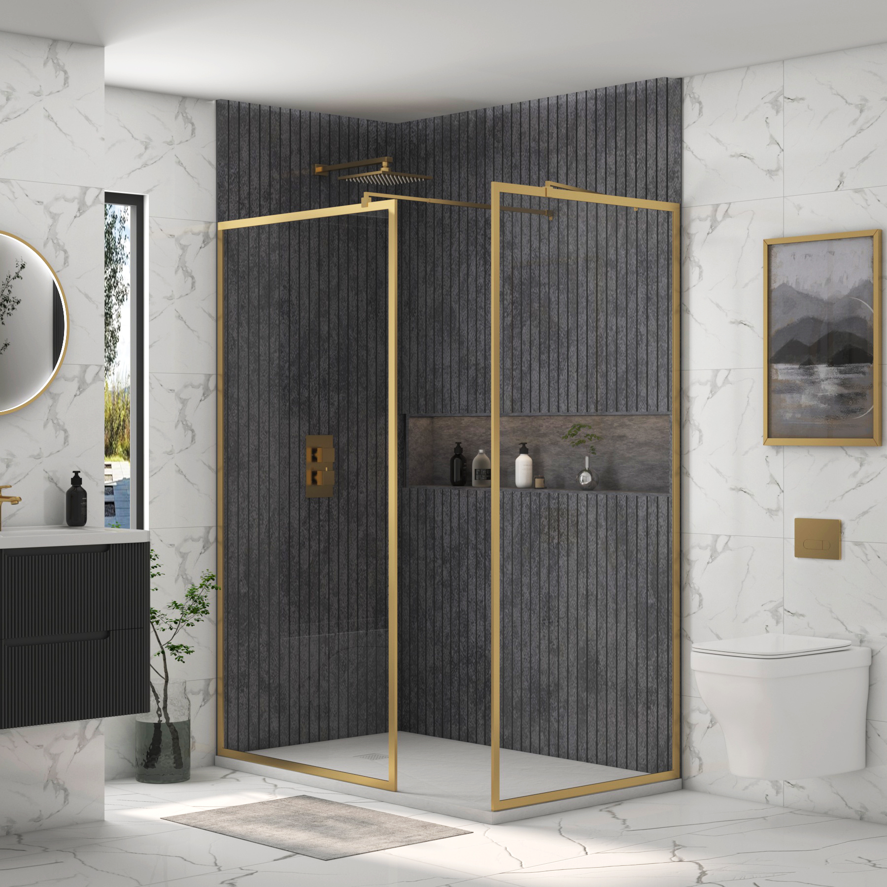 Luxor Walk In Shower Enclosure with White Stone Tray & Brushed Brass Frame 8mm Easy Clean Glass