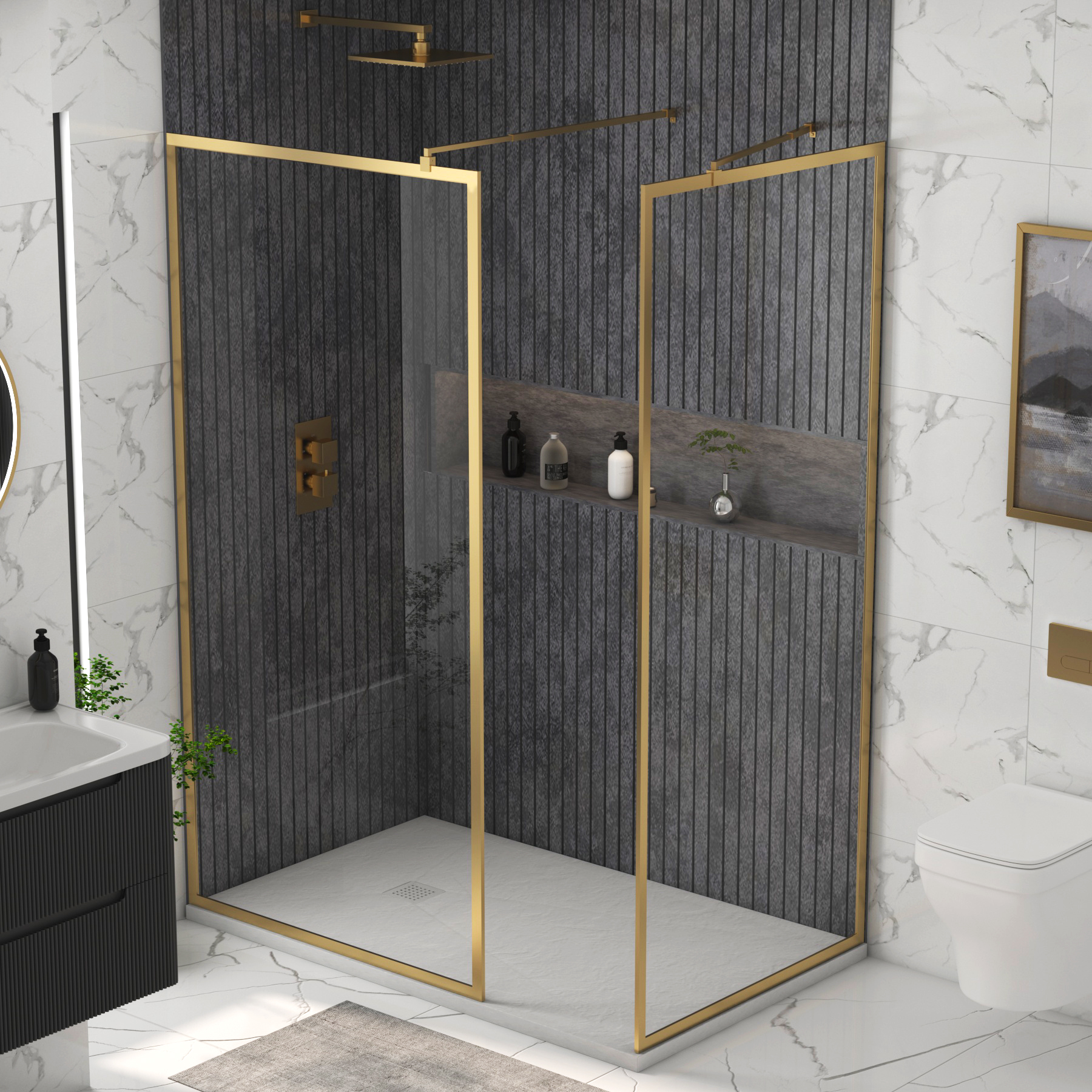 Luxor Walk In Shower Enclosure with White Stone Tray & Brushed Brass Frame 8mm Easy Clean Glass