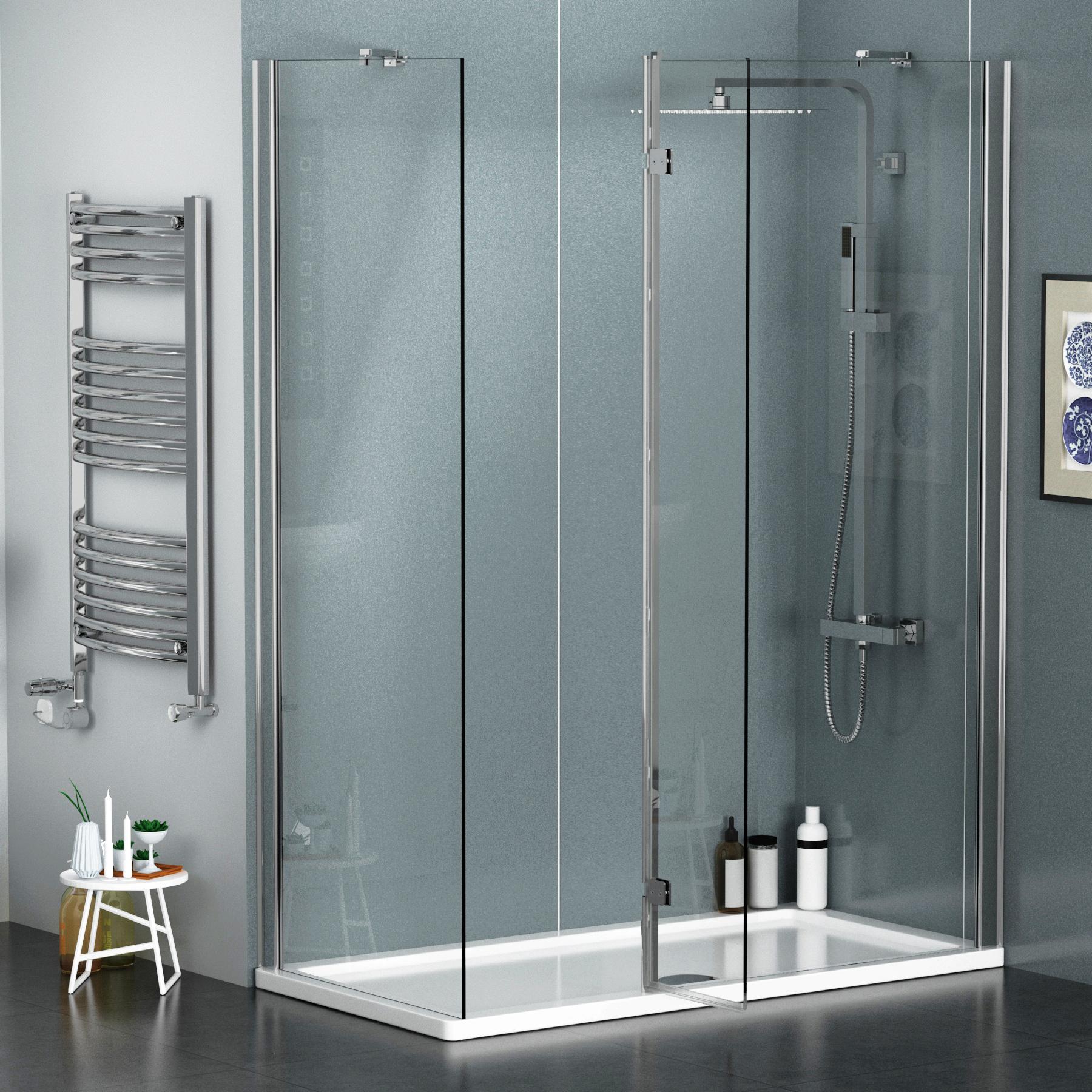 8mm 1600 x 700mm Walk In Shower Enclosure with Shower Tray + Hinged Panel