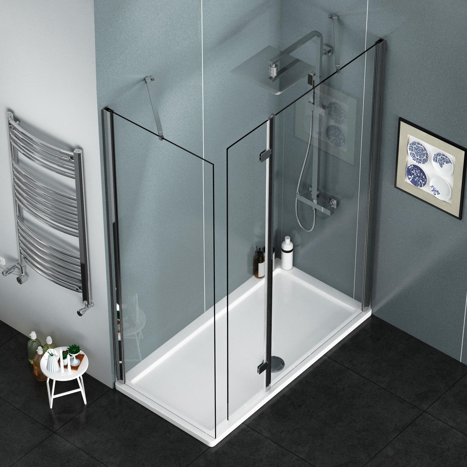 8mm 1600 x 700mm Walk In Shower Enclosure with Shower Tray + Hinged Panel