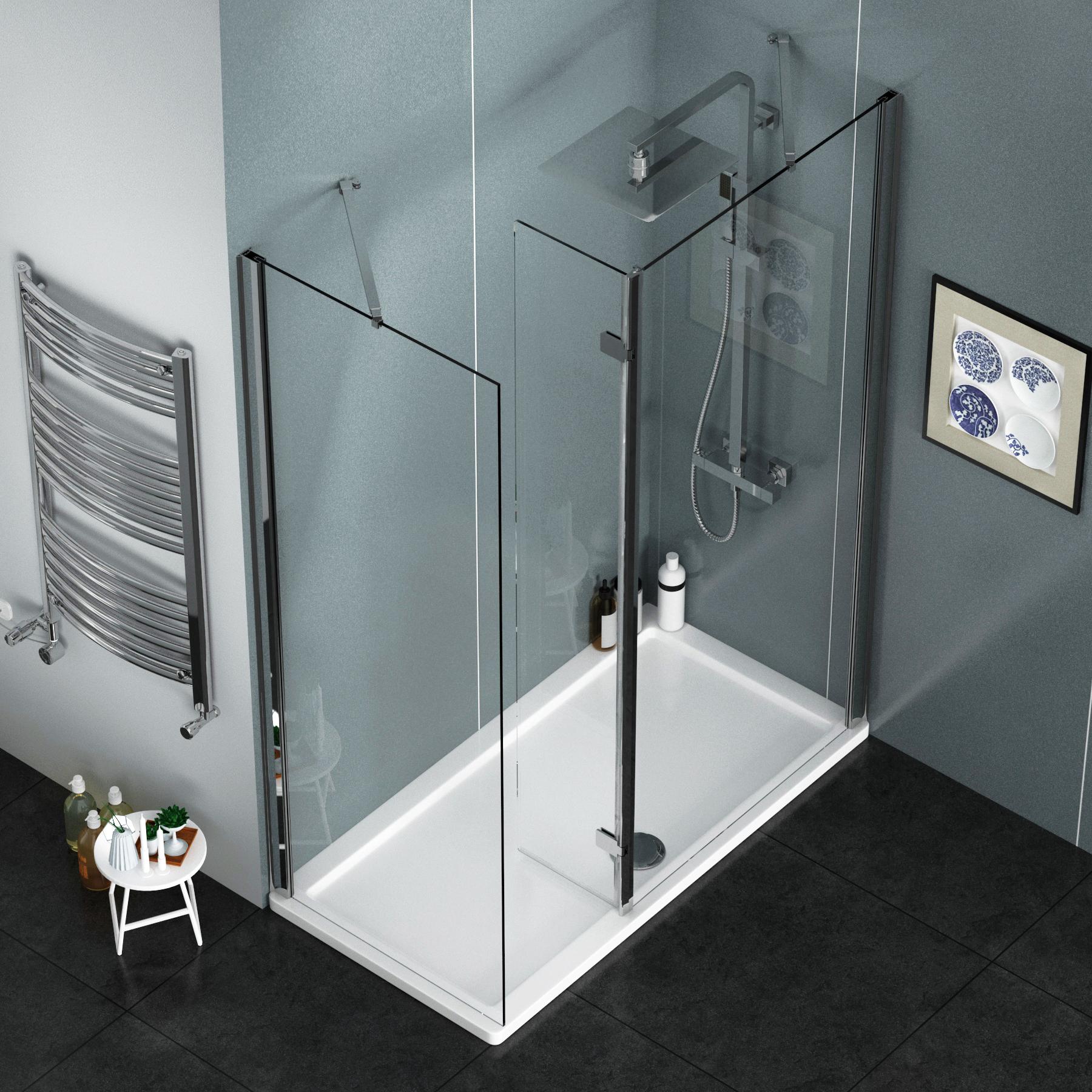 8mm 1600 x 700mm Walk In Shower Enclosure with Shower Tray + Hinged Panel