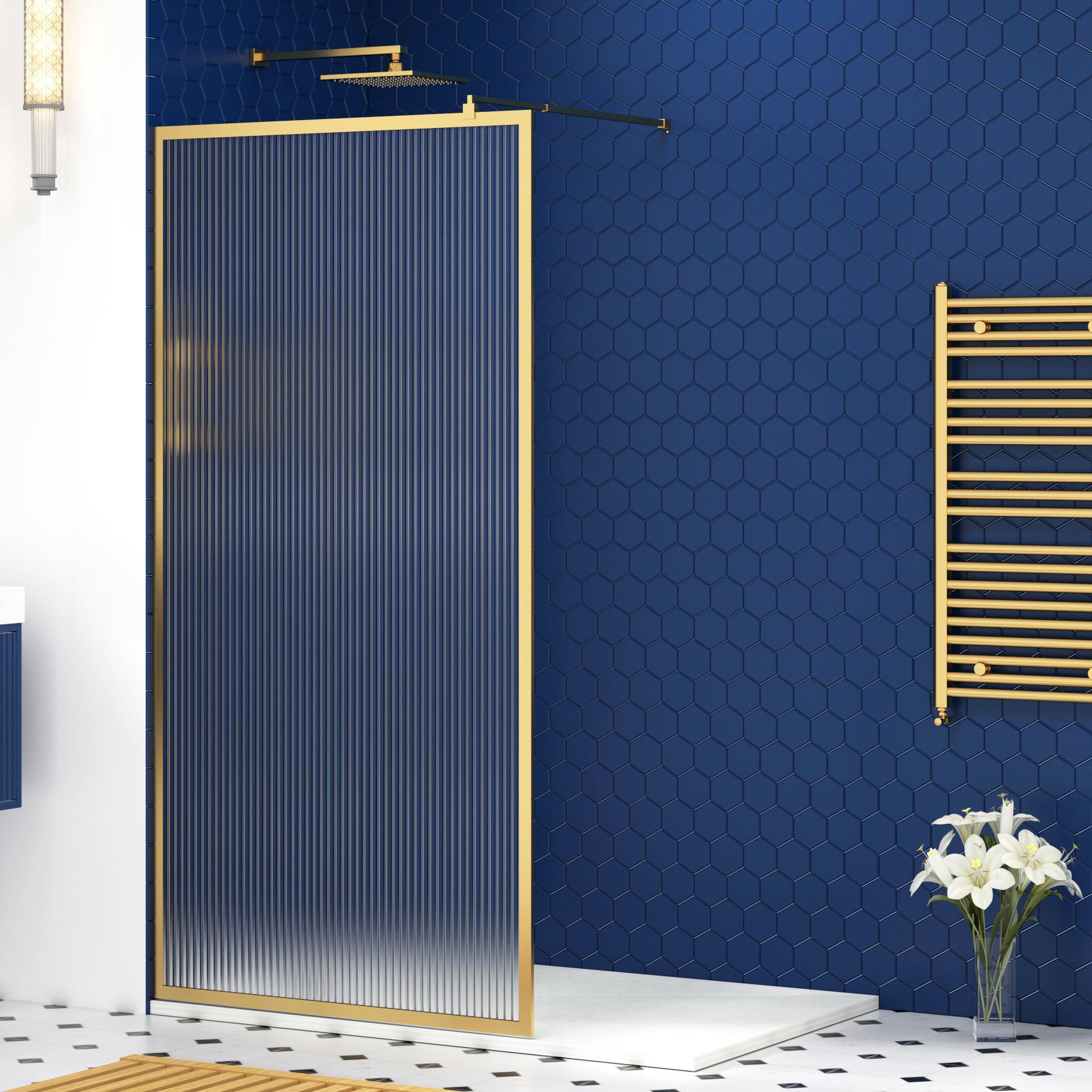Luxor 700mm Walk In Wet Room Fluted Shower Screen with Brushed Brass Frame - 8mm Easy Clean Glass