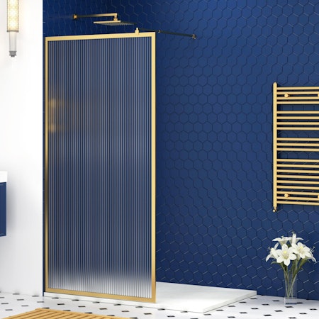 Luxor 8mm Walk In Wet Room Fluted Shower Screen with Brushed Brass Frame - Easy Clean Glass