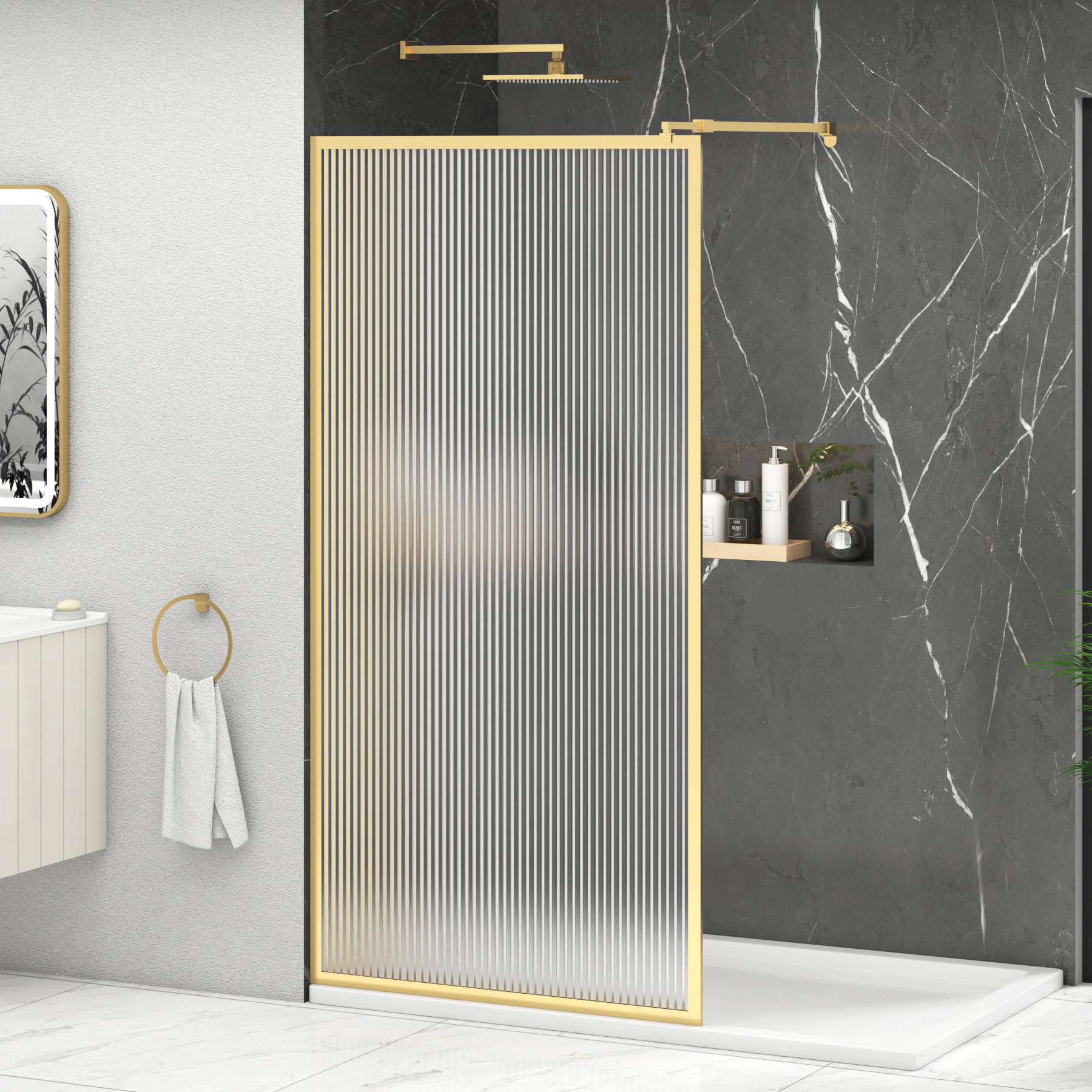 Luxor 8mm Walk In Wet Room Fluted Shower Screen With Brushed Brass Luxor 8mm Walk In Wet Room Fluted Shower Screen With Brushed Brass