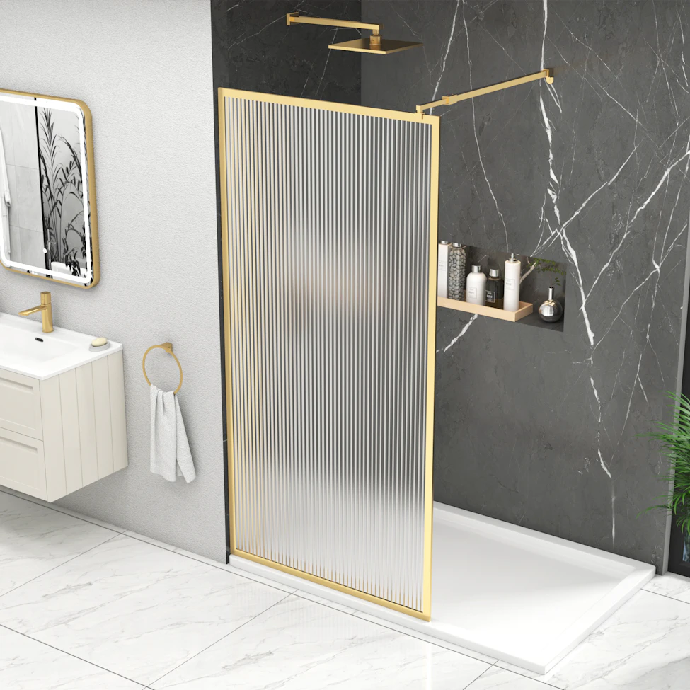 Operable Shower Screen Luxor 8mm Walk In Wet Room Fluted Shower Screen with Brushed Brass ...