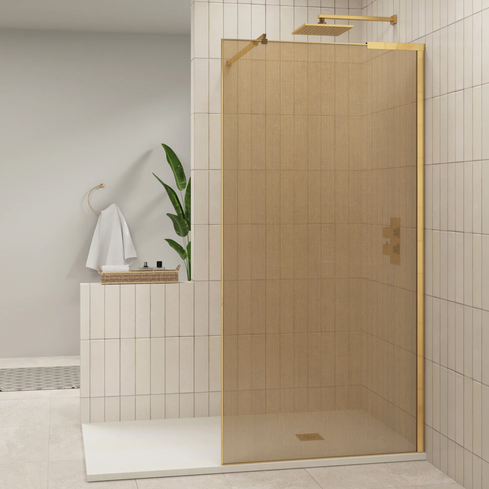 Regal Walk In Wet Room Shower Screen Stainless Steel with Brushed Brass Mesh - 10mm Glass