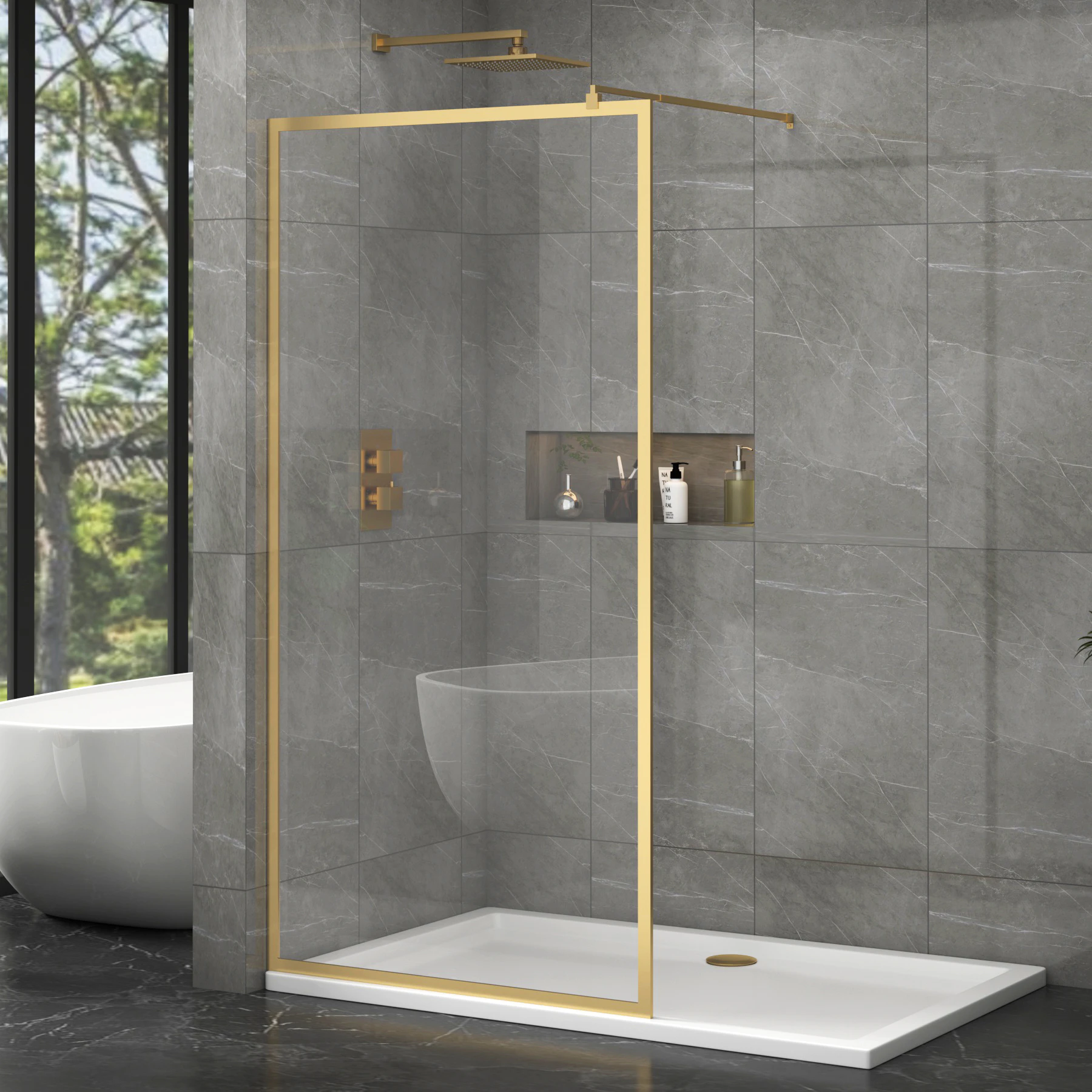 Luxor 8mm Walk In Wet Room Shower Screen with Brushed Brass Frame - Easy Clean Glass