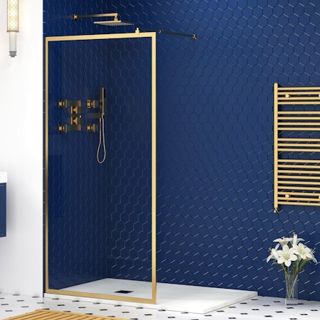 Luxor 8mm Walk In Wet Room Shower Screen with Brushed Brass Frame - Easy Clean Glass