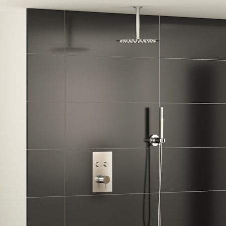 Nova Twin Push Button Thermostatic Shower Mixer with Ceiling Arm Handset & Shower Head