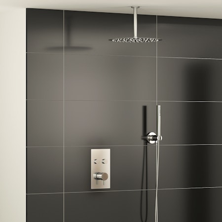 Nova Twin Push Button Thermostatic Shower Mixer with Ceiling Arm Shower Head & Handset