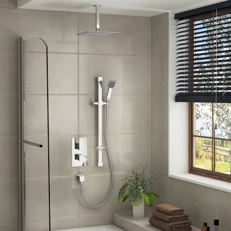 Elegance Square Thermostatic Diverter Shower Mixer with Ceiling Arm Sliding Rail Kit & Shower Head