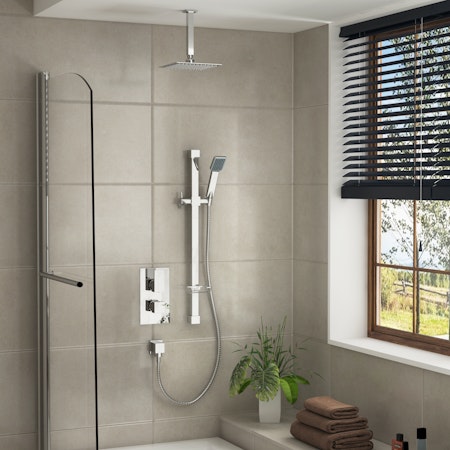 Elegance Square Thermostatic Diverter Shower Mixer with Sliding Rail Kit Ceiling Arm & Shower Head