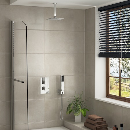 Elegance Square Thermostatic Diverter Shower Mixer with Ceiling Arm Handset & Shower Head
