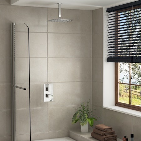 Elegance Square Thermostatic Valve Shower Mixer with Ceiling Mounted Arm & Shower Head - Chrome