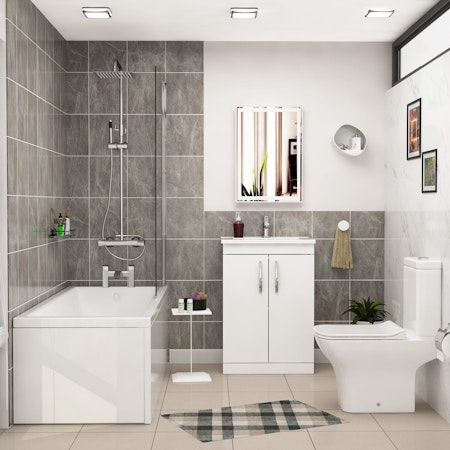 1500 X 700mm Breeze Curved Single Ended Bath + Rimless Close Coupled Toilet & White Floor Standing Vanity Unit