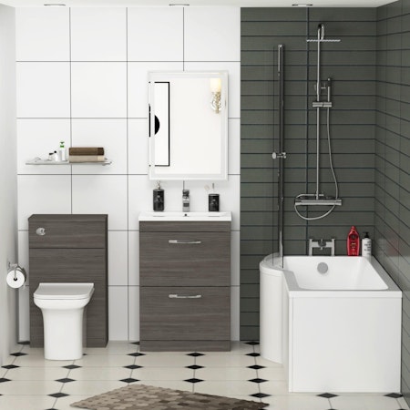 Abacus 1700 x 850mm P-Shaped Left Hand Bath with Screen + Front Panel, Floor Standing Vanity Unit & WC BTW Toilet Unit