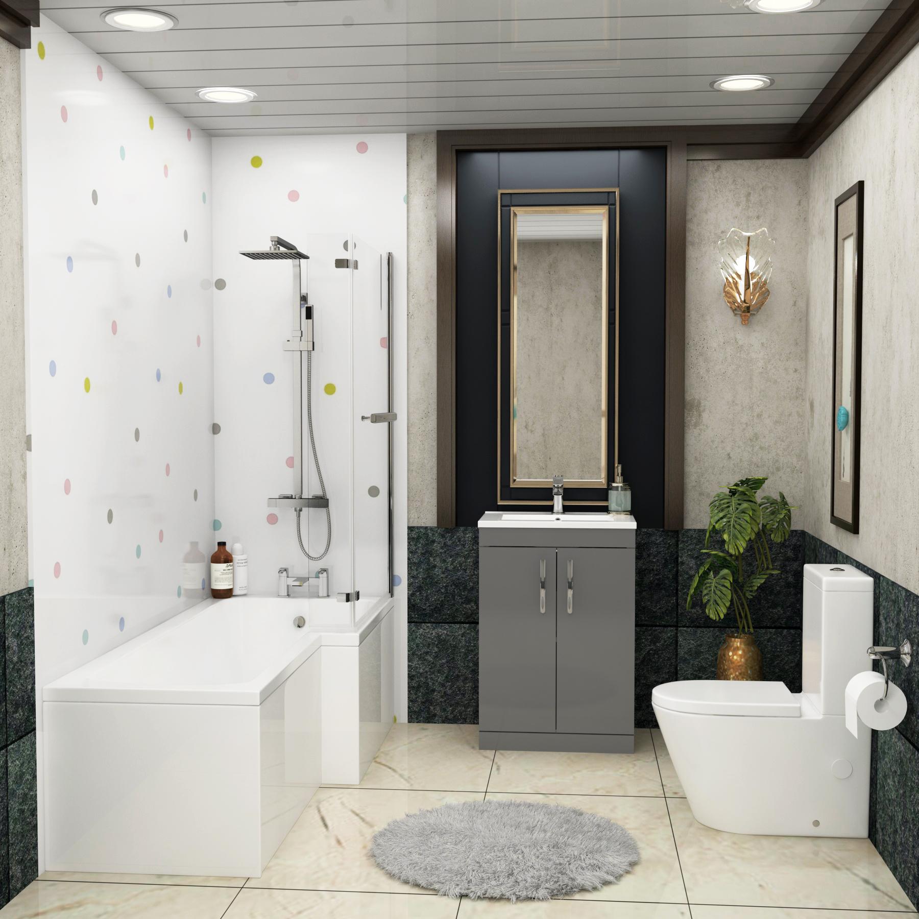 1700 X 850mm Right Hand L Shaped Shower Bath with Side Panel, Screen with Rail + Rimless Close Coupled Toilet & Grey Gloss Vanity Unit