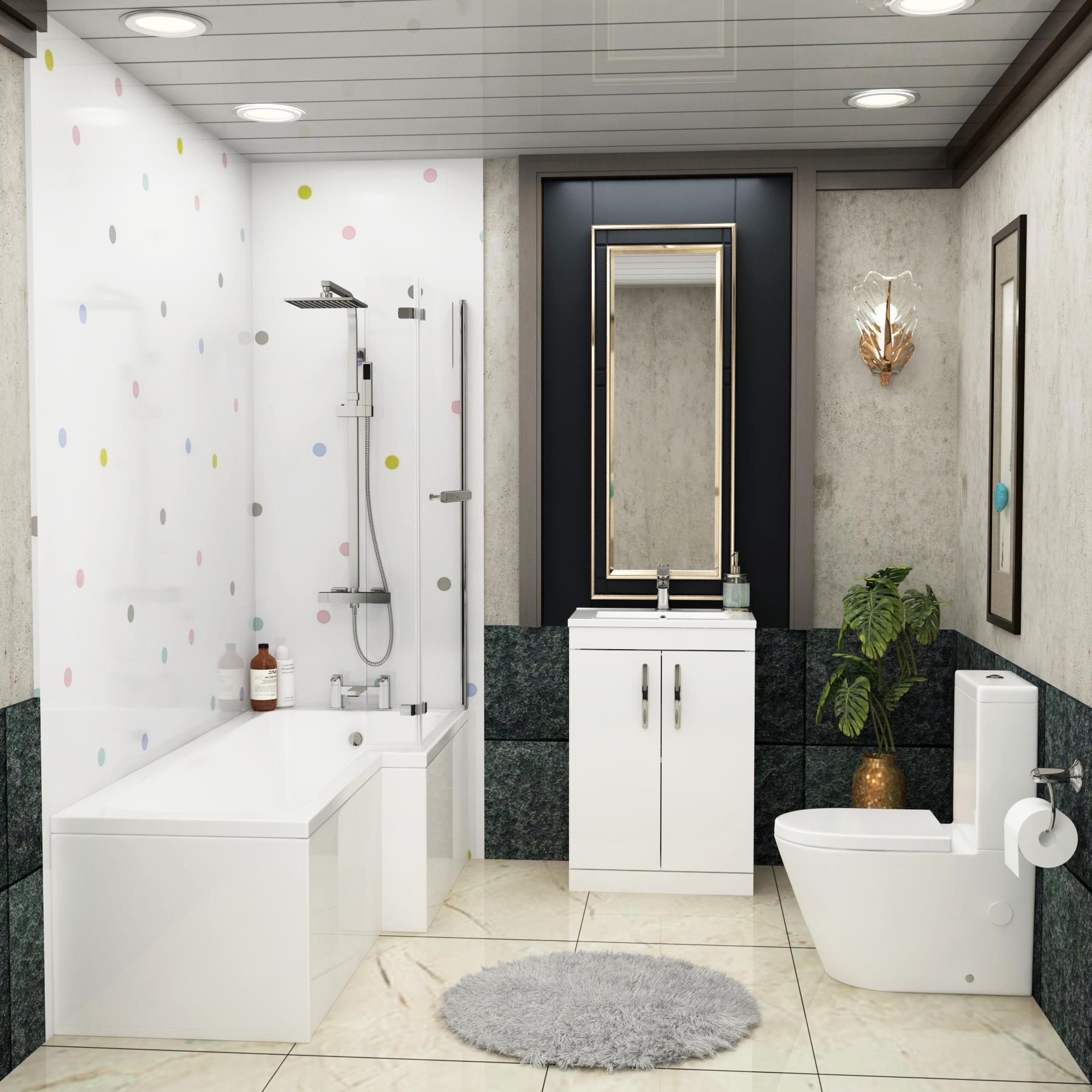 1700 X 850mm Right Hand L Shaped Shower Bath with Side Panel, Screen with Rail + Rimless Close Coupled Toilet & Gloss White Vanity Unit