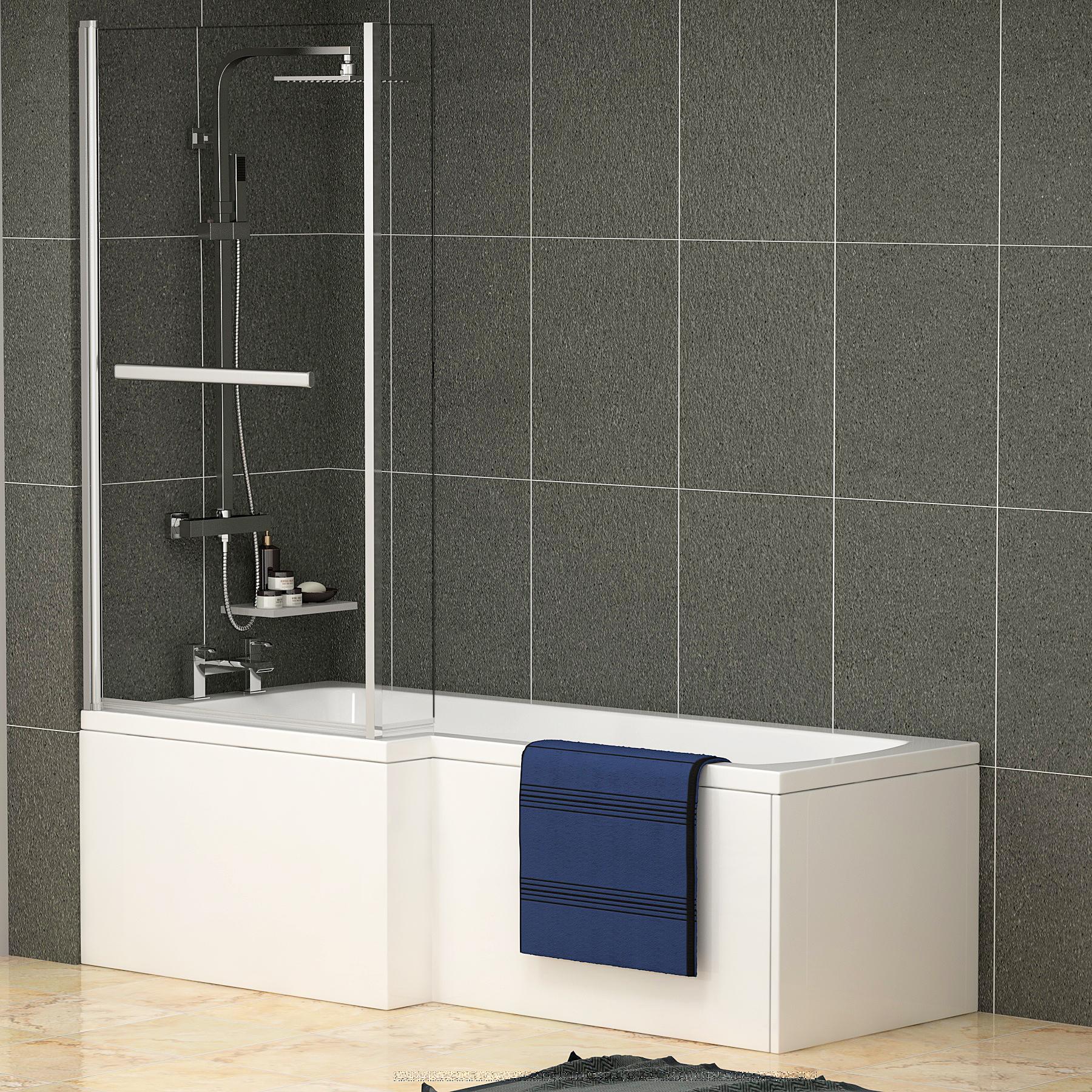 1700 X 850mm Left Hand L Shaped Shower Bath with Front Panel + Shower