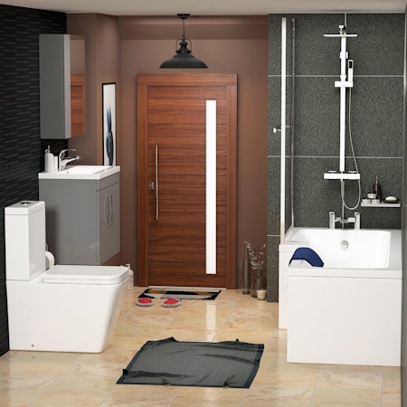 1700 X 850mm Left Hand L Shaped Shower Bath with Front Panel + Shower Screen, Wall Hung Vanity Unit + Close Coupled Toilet