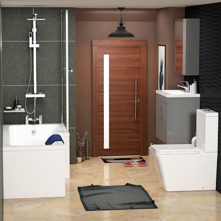1700 X 850mm Right Hand L Shaped Shower Bath with Front Panel + Shower Screen, Wall Hung Vanity Unit + Close Coupled Toilet
