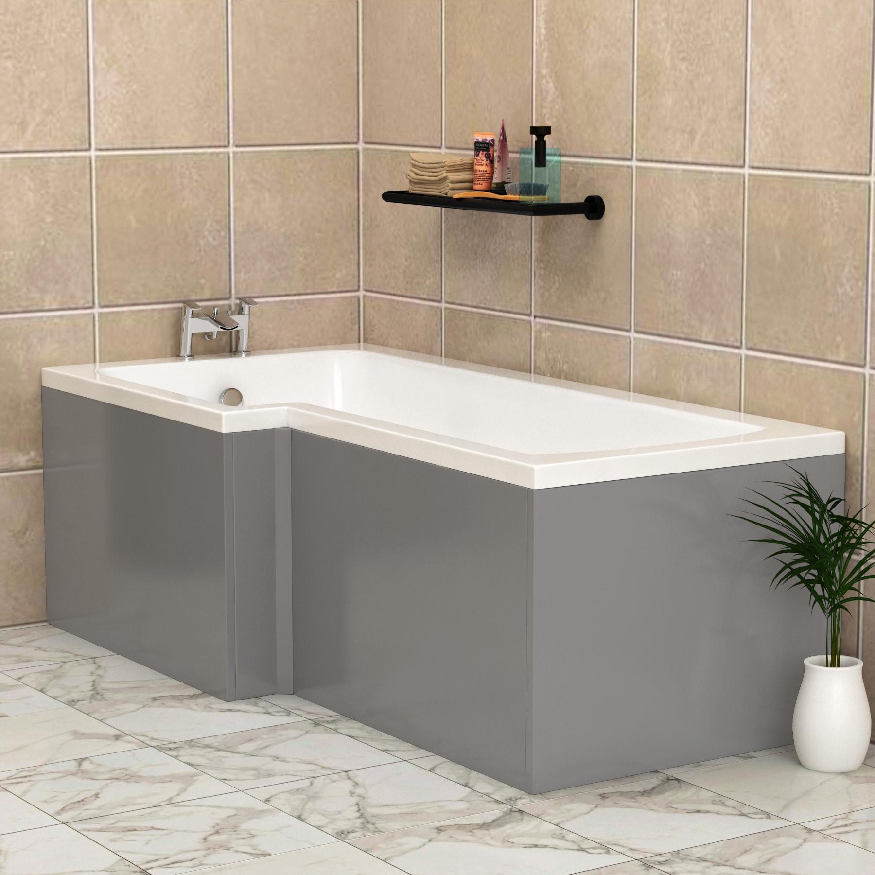 Qubix 1700 x 850mm Left Handed L Shaped Shower Bath + MDF Front Panel, Floor Standing Vanity Unit & Toilet Unit