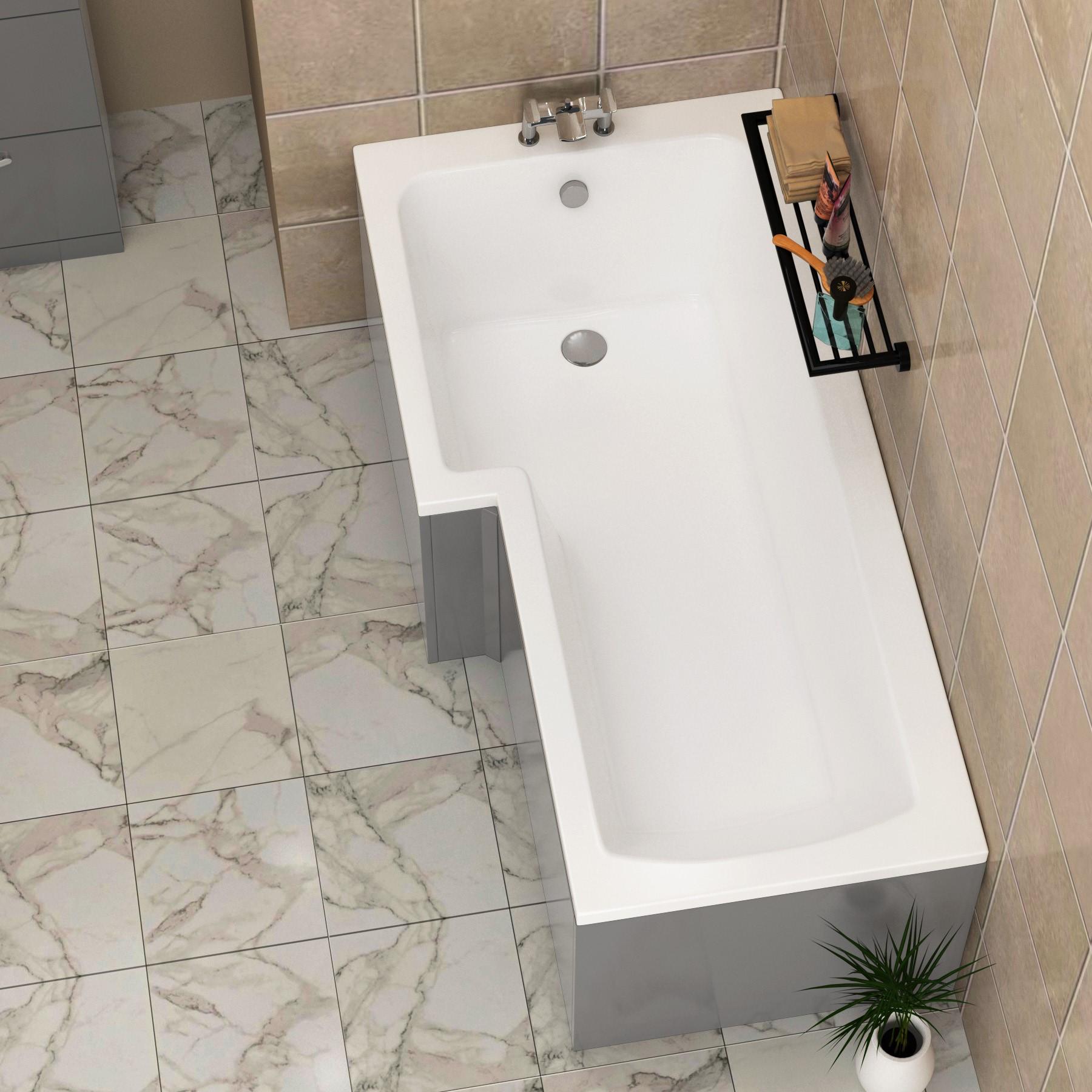 Qubix 1700 x 850mm Left Handed L Shaped Shower Bath + MDF Front Panel, Floor Standing Vanity Unit & Toilet Unit