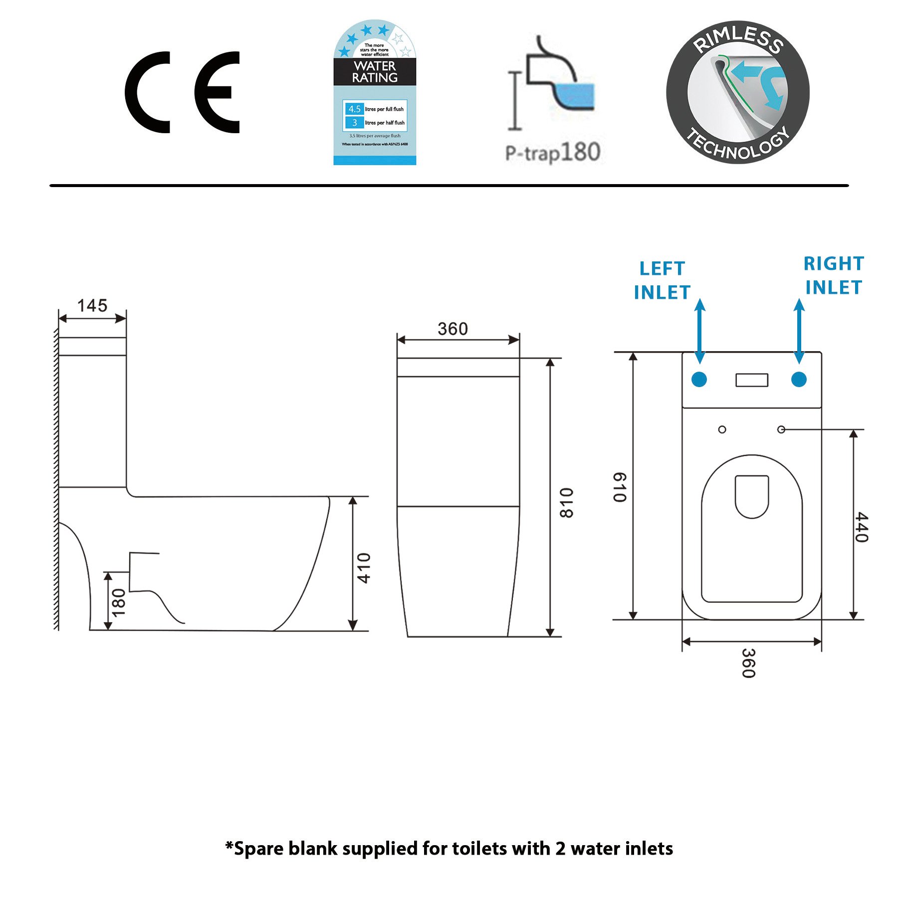 Qubix 1700 x 850mm Left Handed L Shaped Shower Bath + MDF Front Panel, Floor Standing Vanity Unit & Toilet Unit