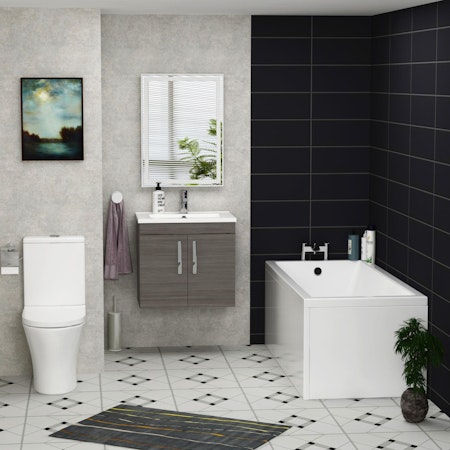 1500 X 700mm Cesar Square Single Ended Bath + Rimless Close Coupled Toilet & Grey Elm Vanity Unit Basin