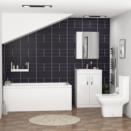 1400 X 700mm Cesar Square Single Ended Bath + Rimless Close Coupled Toilet & White Floor Standing Vanity Unit