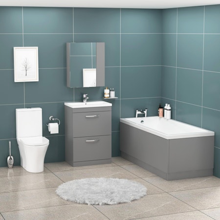 1800 X 800mm Cesar Square Single Ended Bath + Rimless Close Coupled Toilet & Grey Gloss Vanity Unit Basin